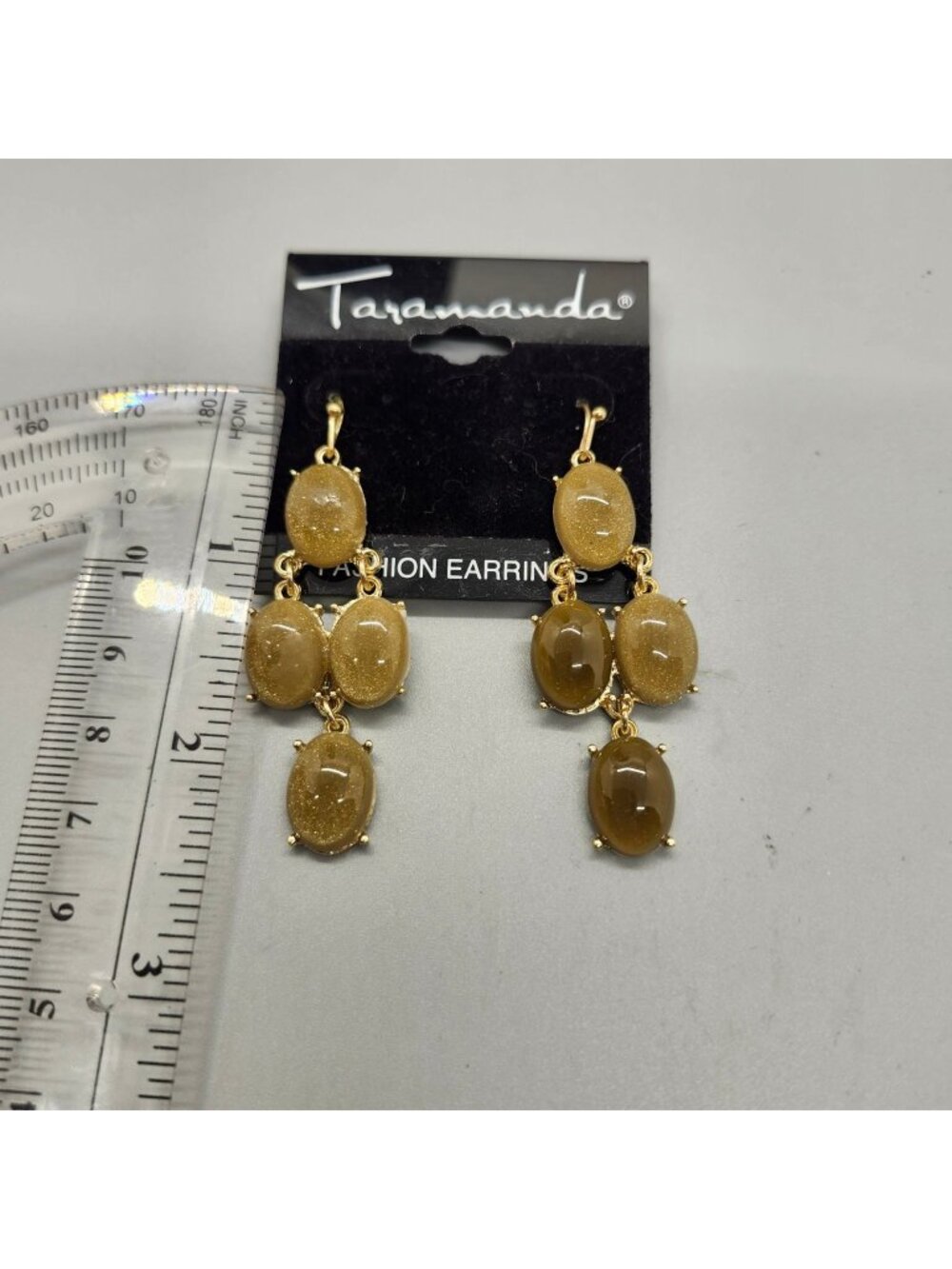 Taramanda Dangle Drop Earrings 2.5" Gold Tone Brown Olive Cabochons - Picture 2 of 3